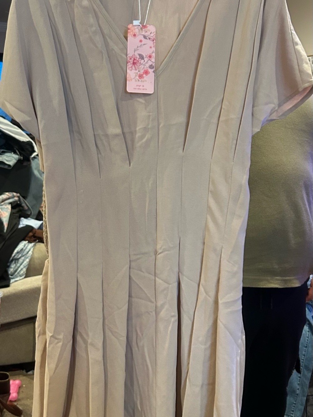 SHEIN Taupe V-Neck Pleated Dress